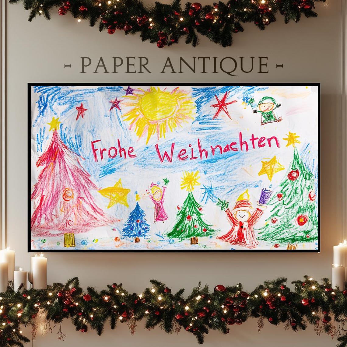 Colorful Christmas Drawing with Trees Stars Frohe Weihnachten Poster