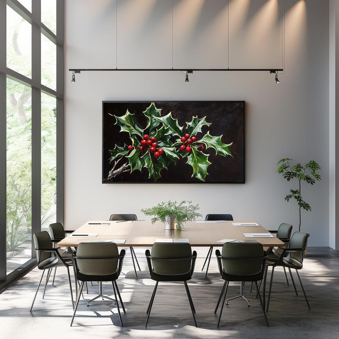 Holly Leaves Red Berries Botanical Oil Painting Christmas Poster - Image 3