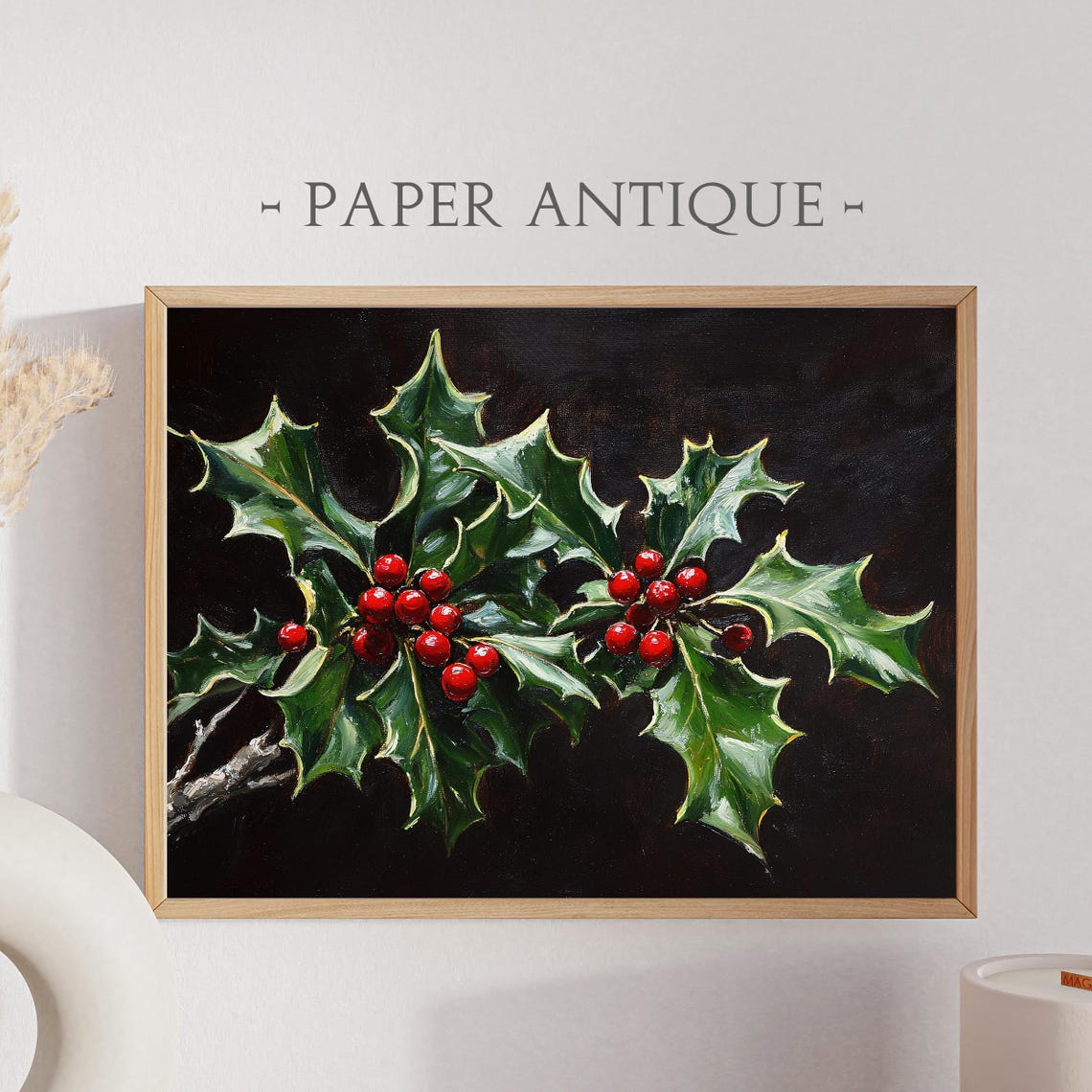 Holly Leaves and Red Berries Botanical Christmas Still Life Poster