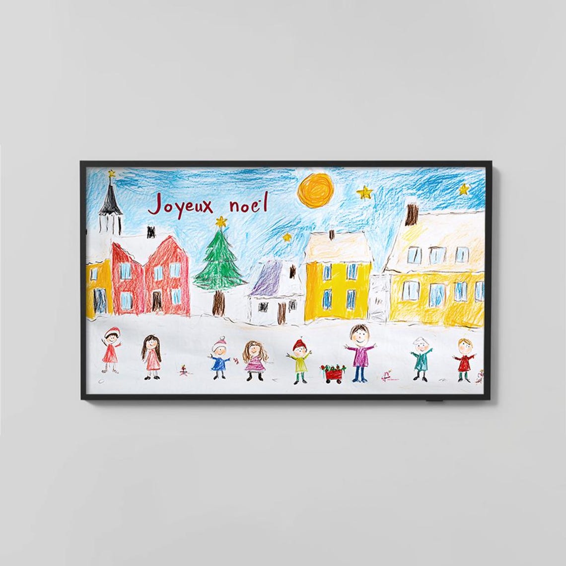 Joyful Christmas Village Children Drawing Joyeux Noel Art Poster - Image 2