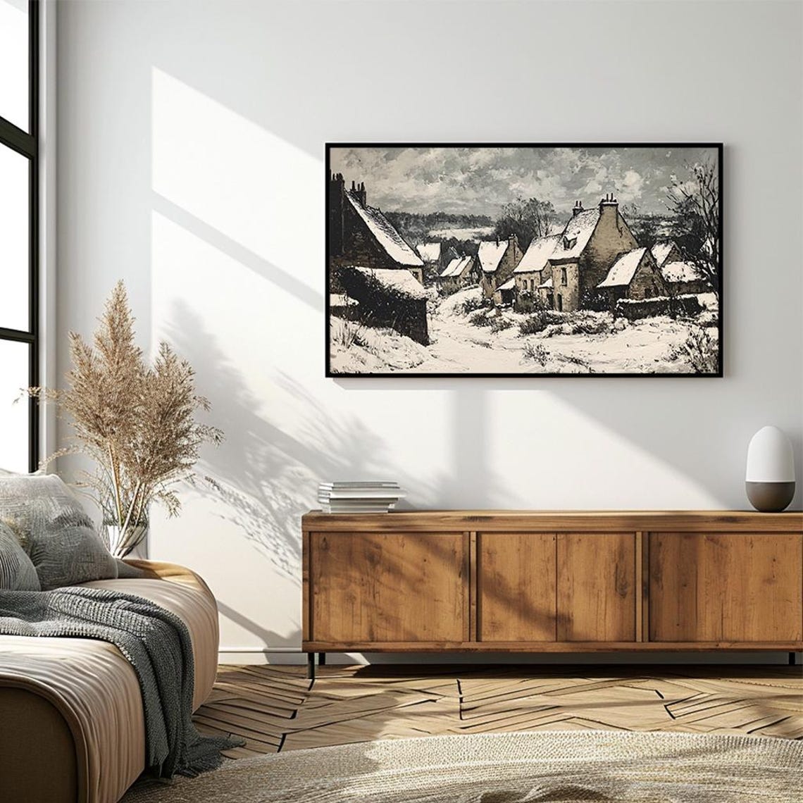 Snowy Village Cottages Rustic Winter Landscape Oil Painting Poster - Image 4