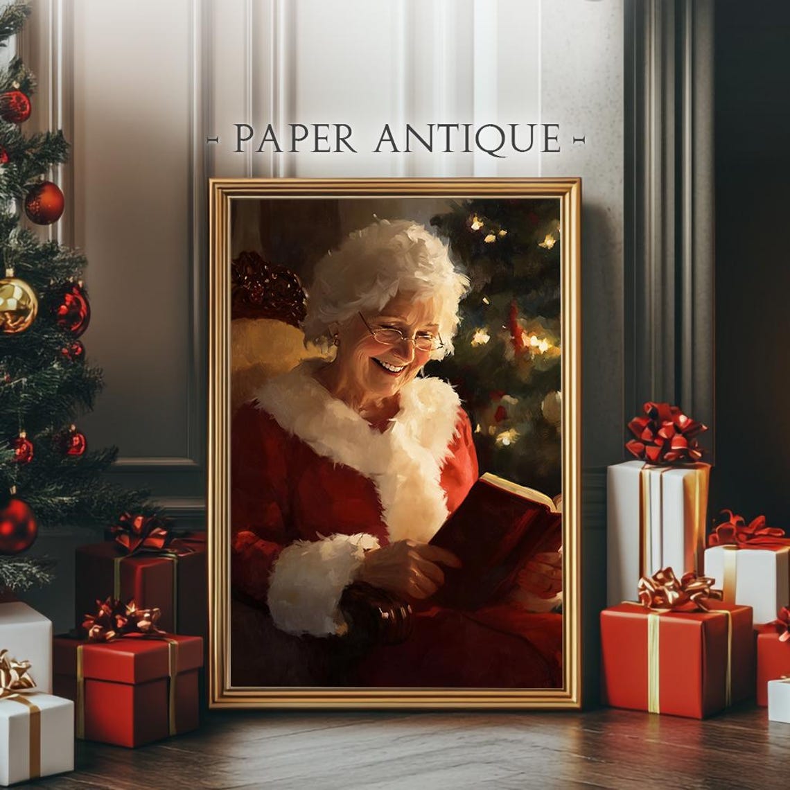 Smiling Mrs Claus Reading By The Christmas Tree Cozy Holiday Poster