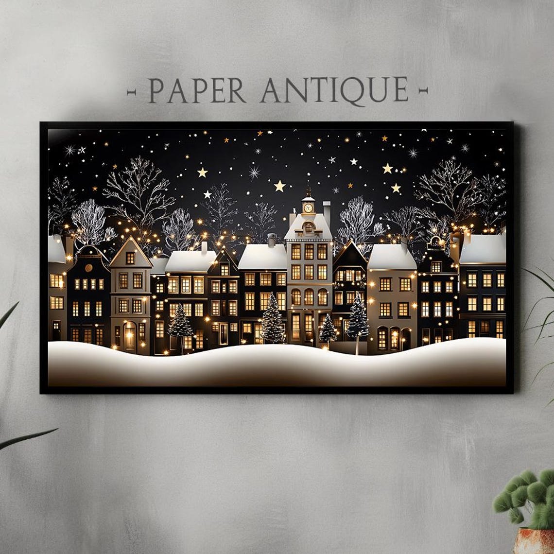 Snowy Christmas Village Night Golden Windows Silhouette Poster
