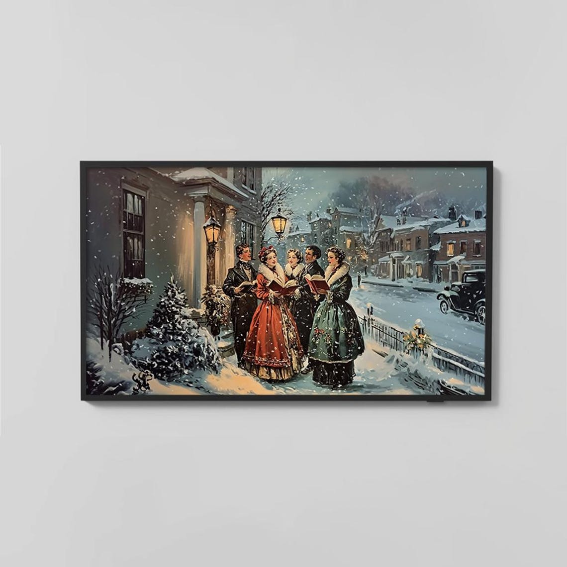 Victorian Carolers Snowy Night Vintage Christmas Street Scene Poster - Image 2