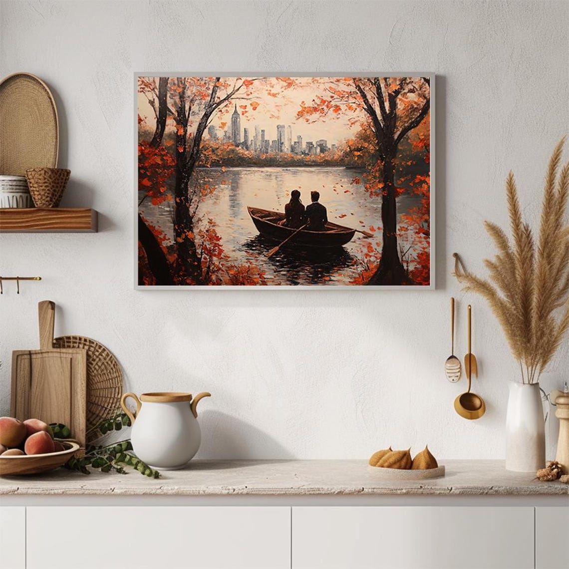 Couple in Rowboat Under Autumn Trees City Skyline Lake Poster - Image 2