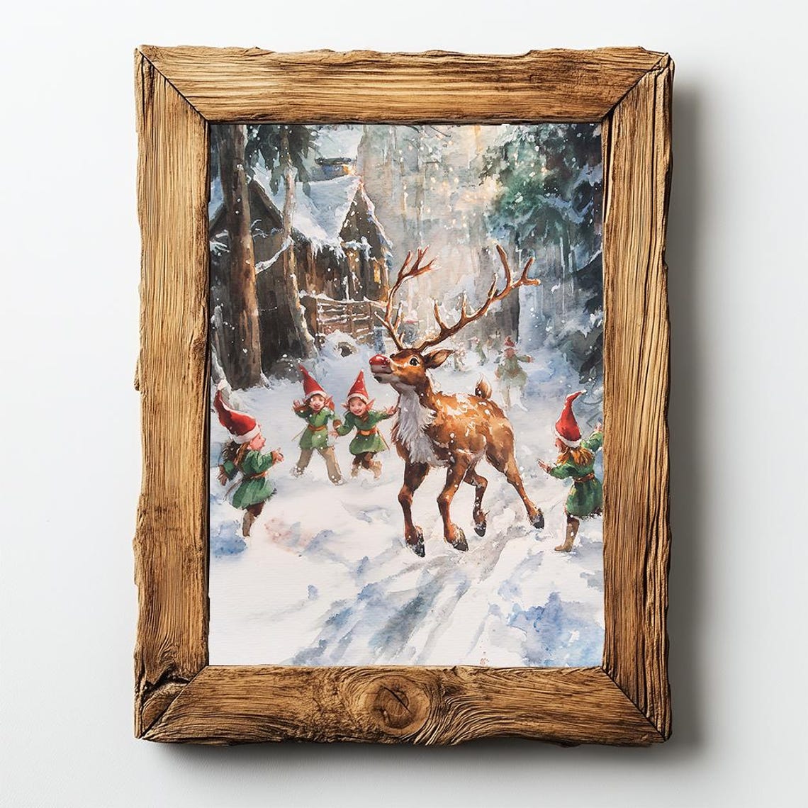Red Nosed Reindeer Playing With Elves In Snowy Village Poster