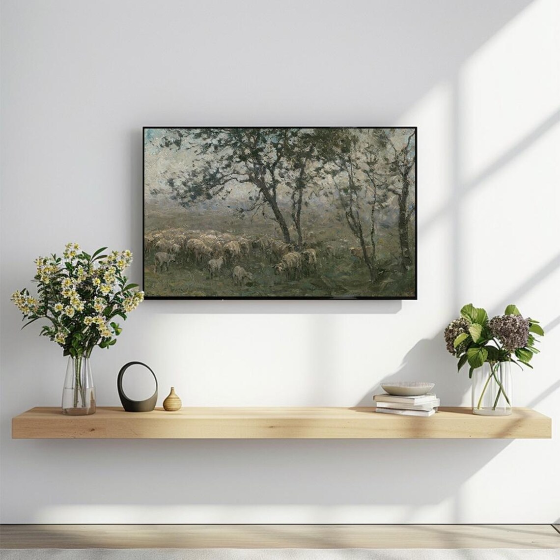 Sheep Flock Under Trees Misty Vintage Pastoral Oil Painting Poster - Image 2