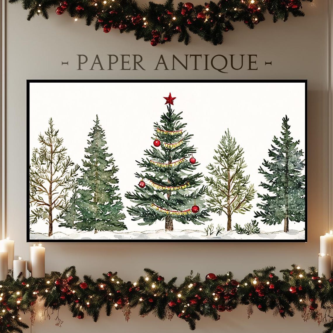 Christmas Tree Forest Watercolor Red Star Holiday Art Poster