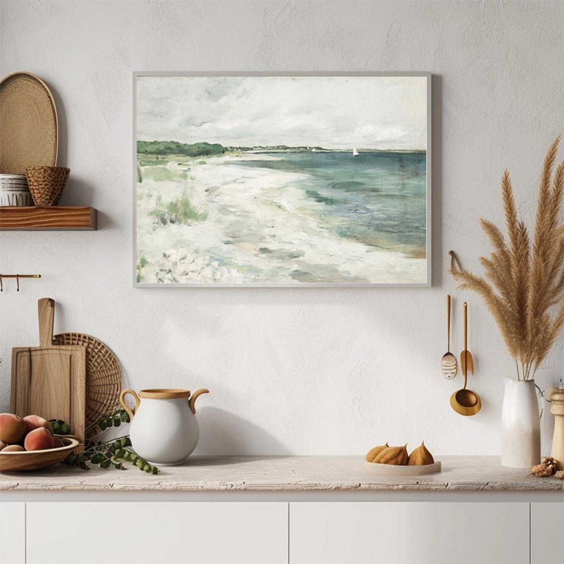 White Sand Beach Sailboats Soft Gray Seascape Minimalist Art Poster - Image 4