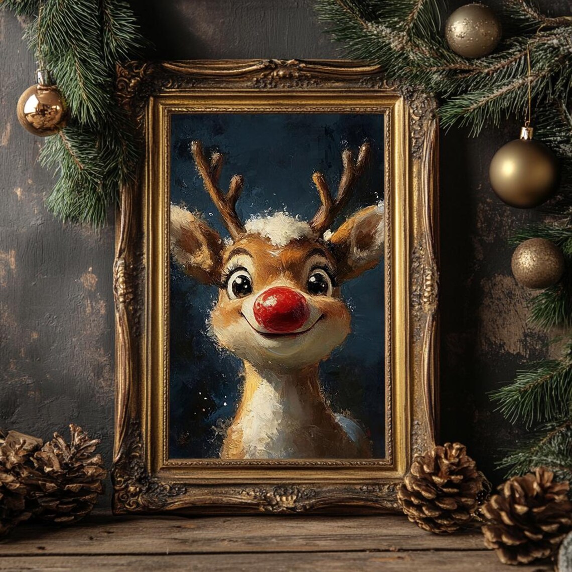 Rudolph Red Nosed Reindeer Cute Holiday Oil Painting Art Poster - Image 4