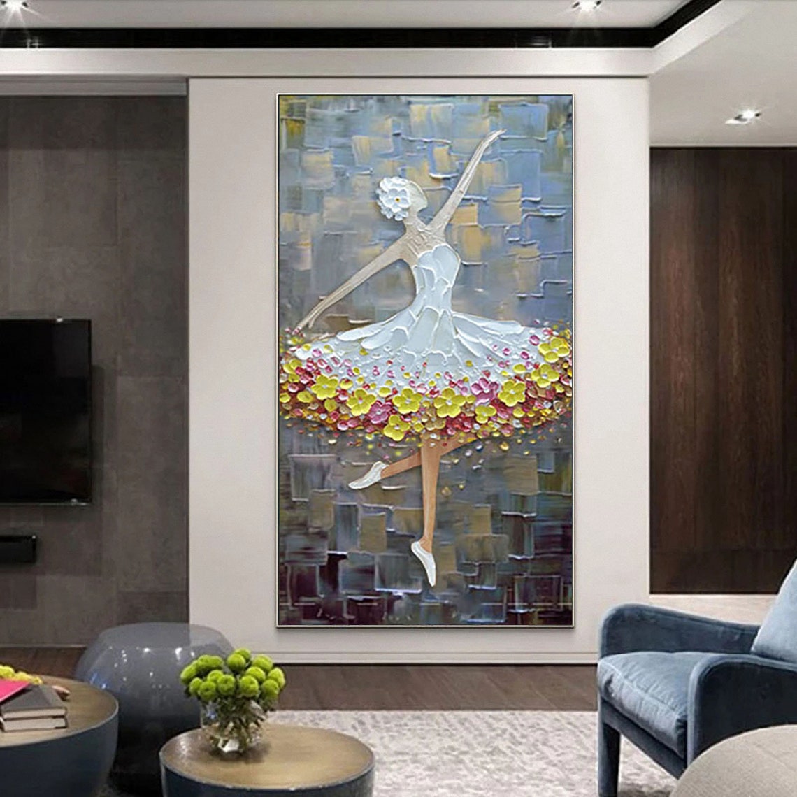 Hand Painted Abstract White Flower Ballerina Oil Painting On Art Yellow Pink Palette Knife Painting Children Girl Room Decor Wall Art - Image 3
