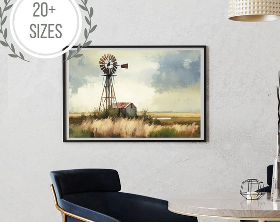 Rustic Windmill Art Vintage Painting Farmhouse Decor Farm Landscape Painting Gallery Art Wall Decor Instant Art