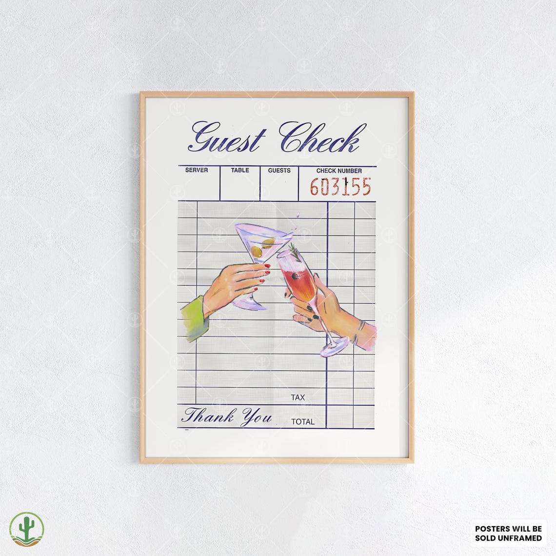 Guest Check Cheers Wall Art Print Retro Restaurant Receipt Cocktail Poster With And Bubbly Drink Illustration