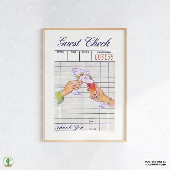 Guest Check Cheers Wall Art Print Retro Restaurant Receipt Cocktail Poster With And Bubbly Drink Illustration