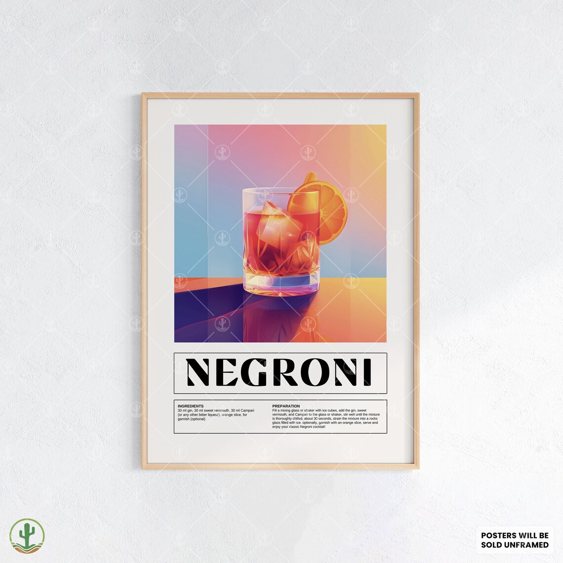 Negroni Cocktail Recipe Poster Classic Orange Slice Retro Bar Kitchen Art