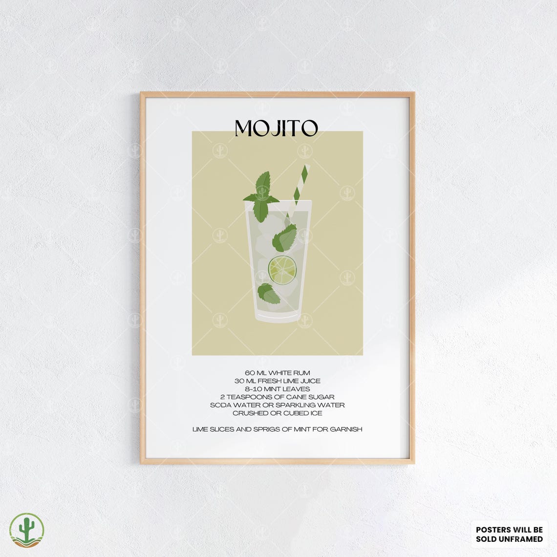 Mojito Cocktail Recipe Poster Fresh Mint Lime Drink Tropical Bar Decor