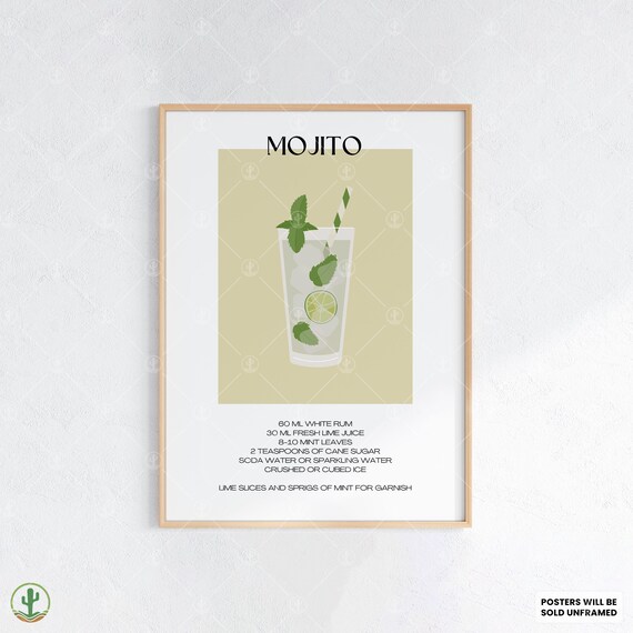 Mojito Cocktail Recipe Poster Fresh Mint Lime Drink Tropical Bar Decor