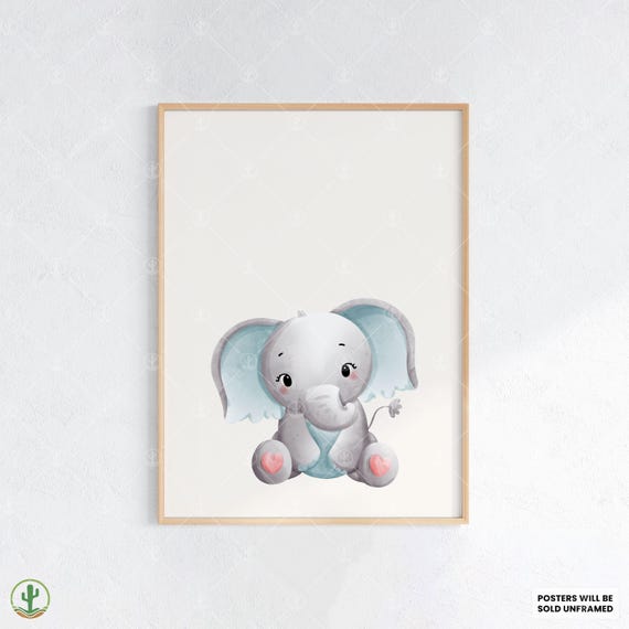 Cute Elephant With Heart Paws Nursery Wall Art Print Baby Room Decor Animal Kids Poster