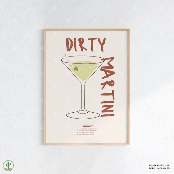 Dirty Martini Cocktail Recipe Olive Martini Glass Illustrated Poster