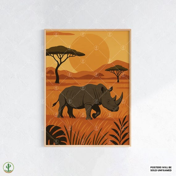 Safari Rhino Wall Art Print Bold African Wildlife Poster With Sunset Savannah Landscape Powerful Illustration