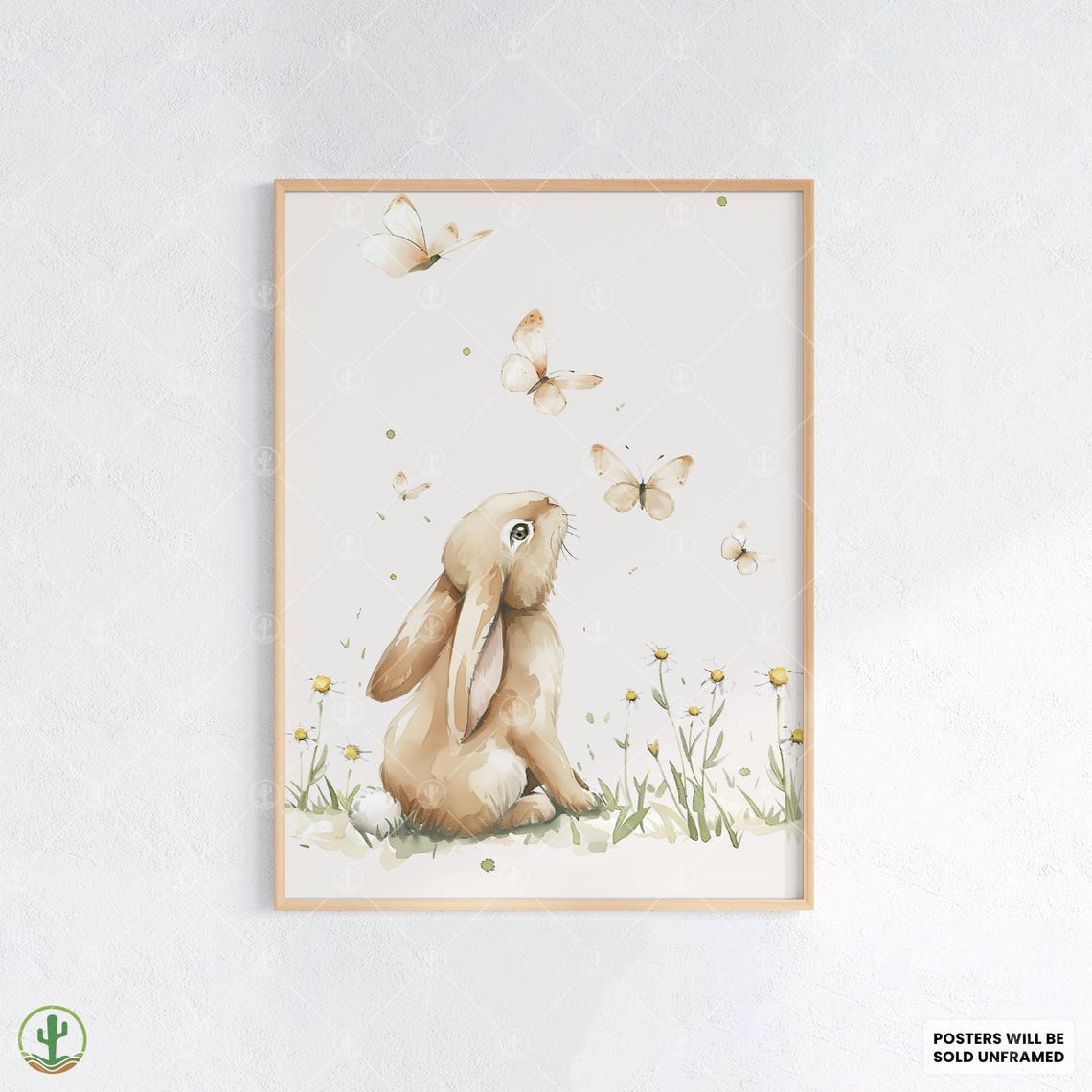 Bunny and Butterflies Watercolor Soft Beige Gentle Nursery Poster