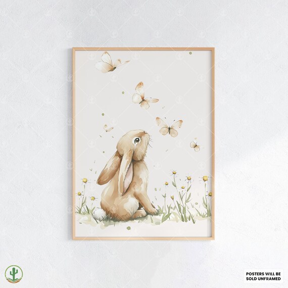 Bunny and Butterflies Watercolor Soft Beige Gentle Nursery Poster