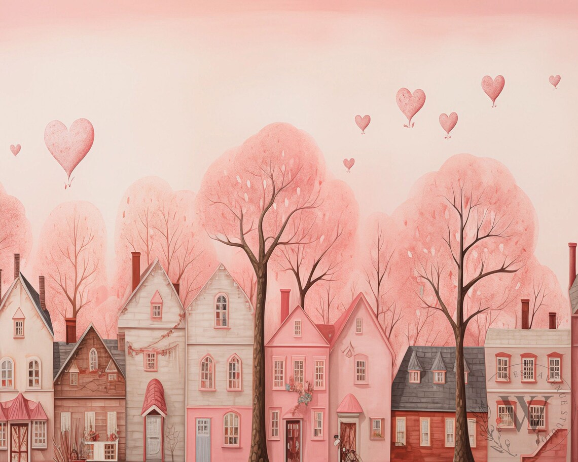 Valentine Heart City Village Pink Neutral Art Print - Image 2