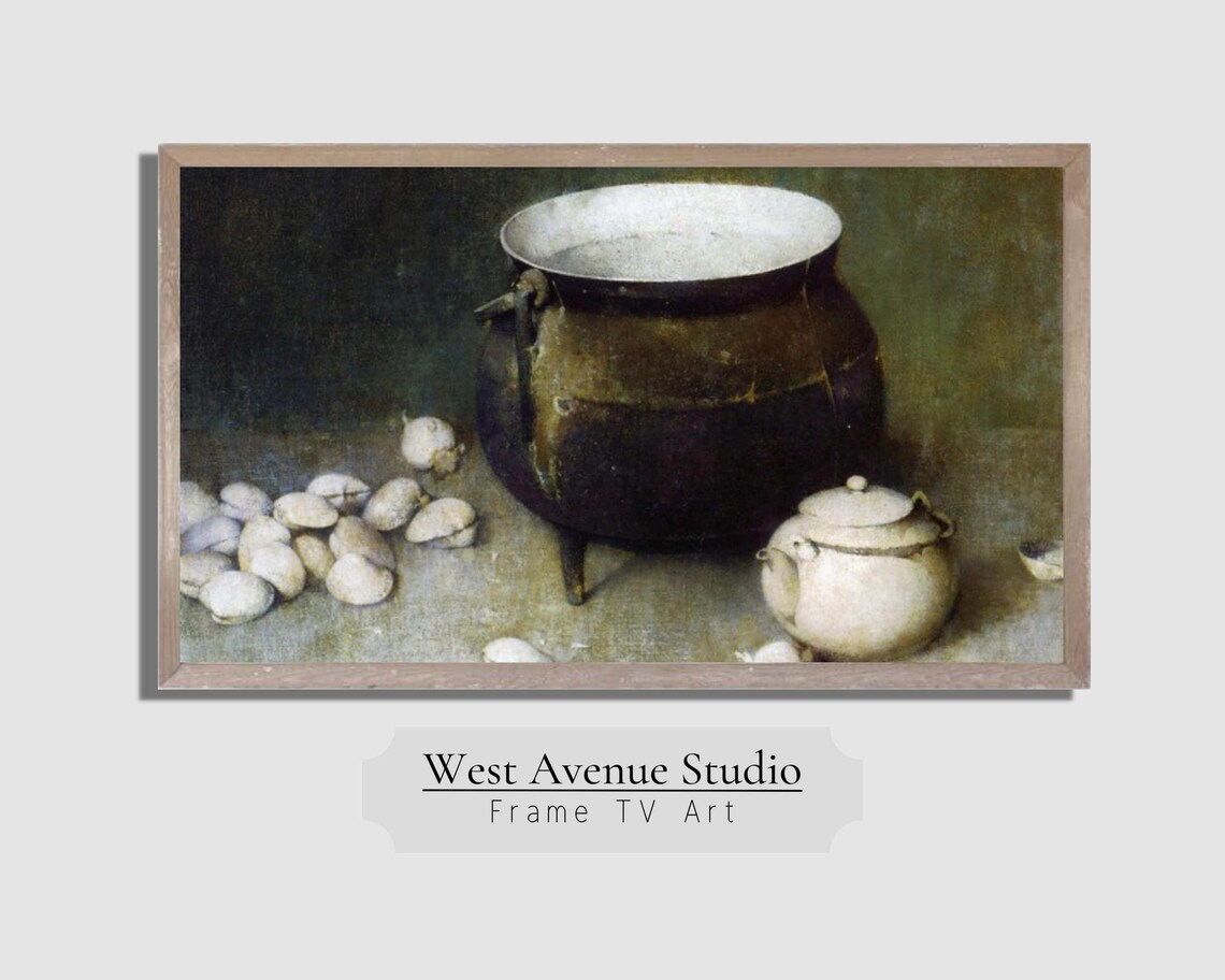 Dark Cauldron White Teapot Vintage Kitchen Still Life Oil Painting Poster