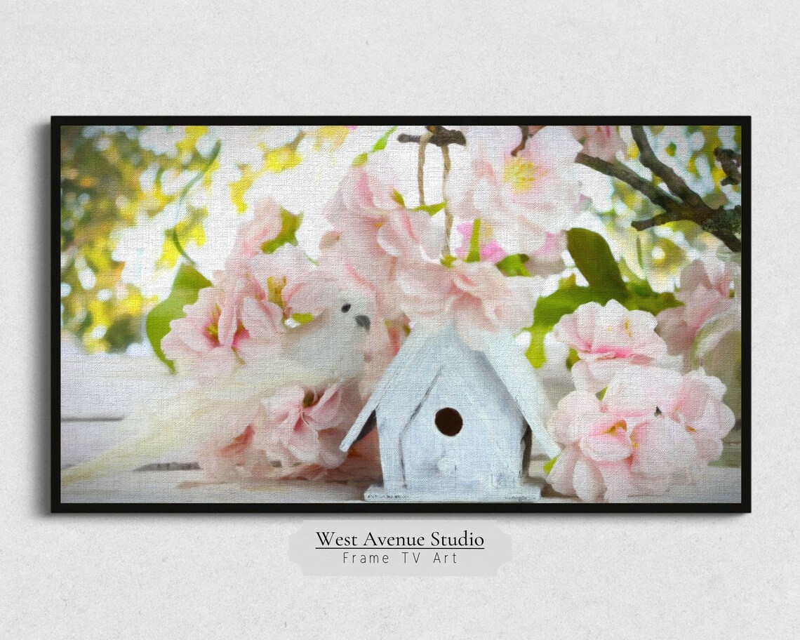 White Birdhouse Pink Spring Blossoms Garden Cottage Floral Art Poster - Image 4