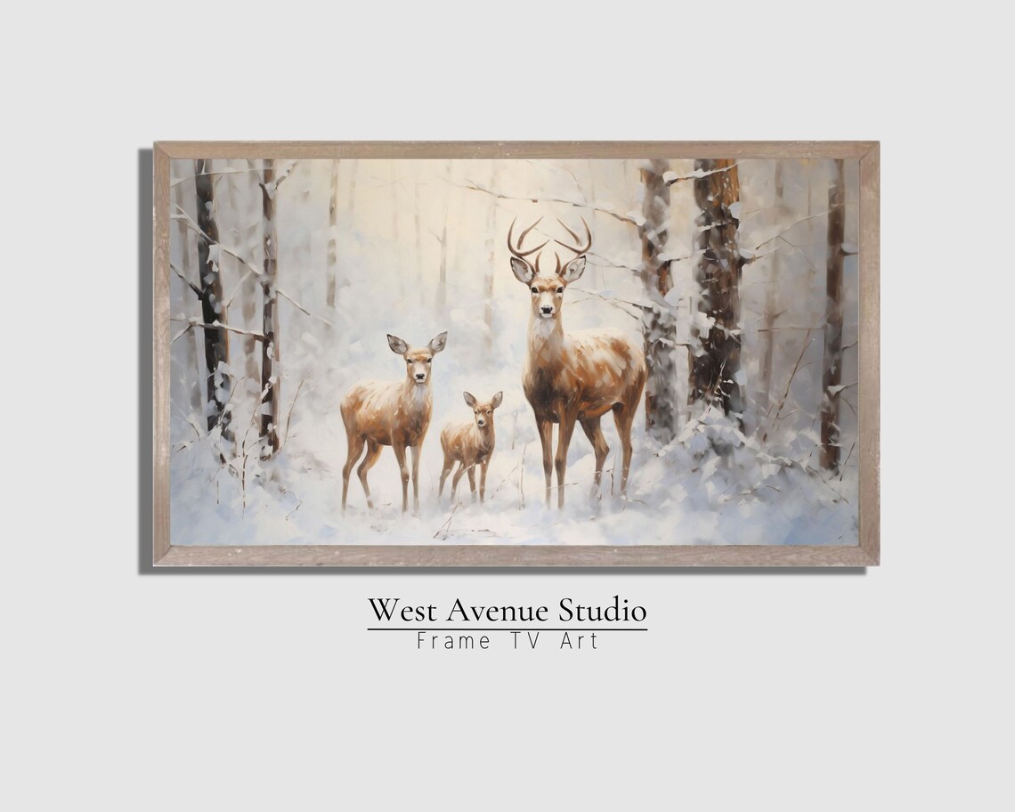 Winter Deer Family in Snowy Forest Buck Doe Fawn Christmas Wildlife Art Poster