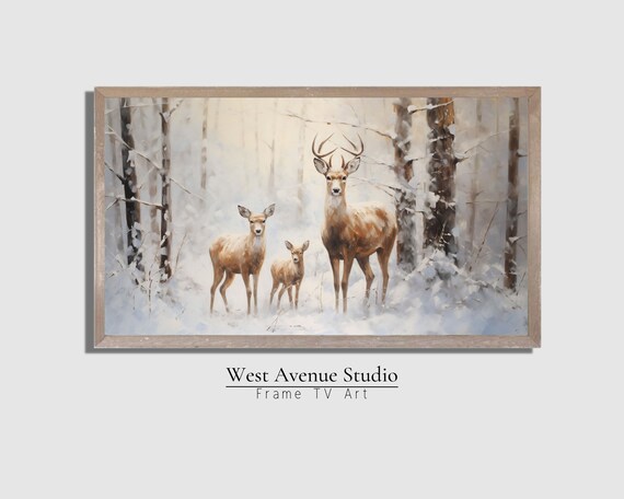 Winter Deer Family in Snowy Forest Buck Doe Fawn Christmas Wildlife Art Poster