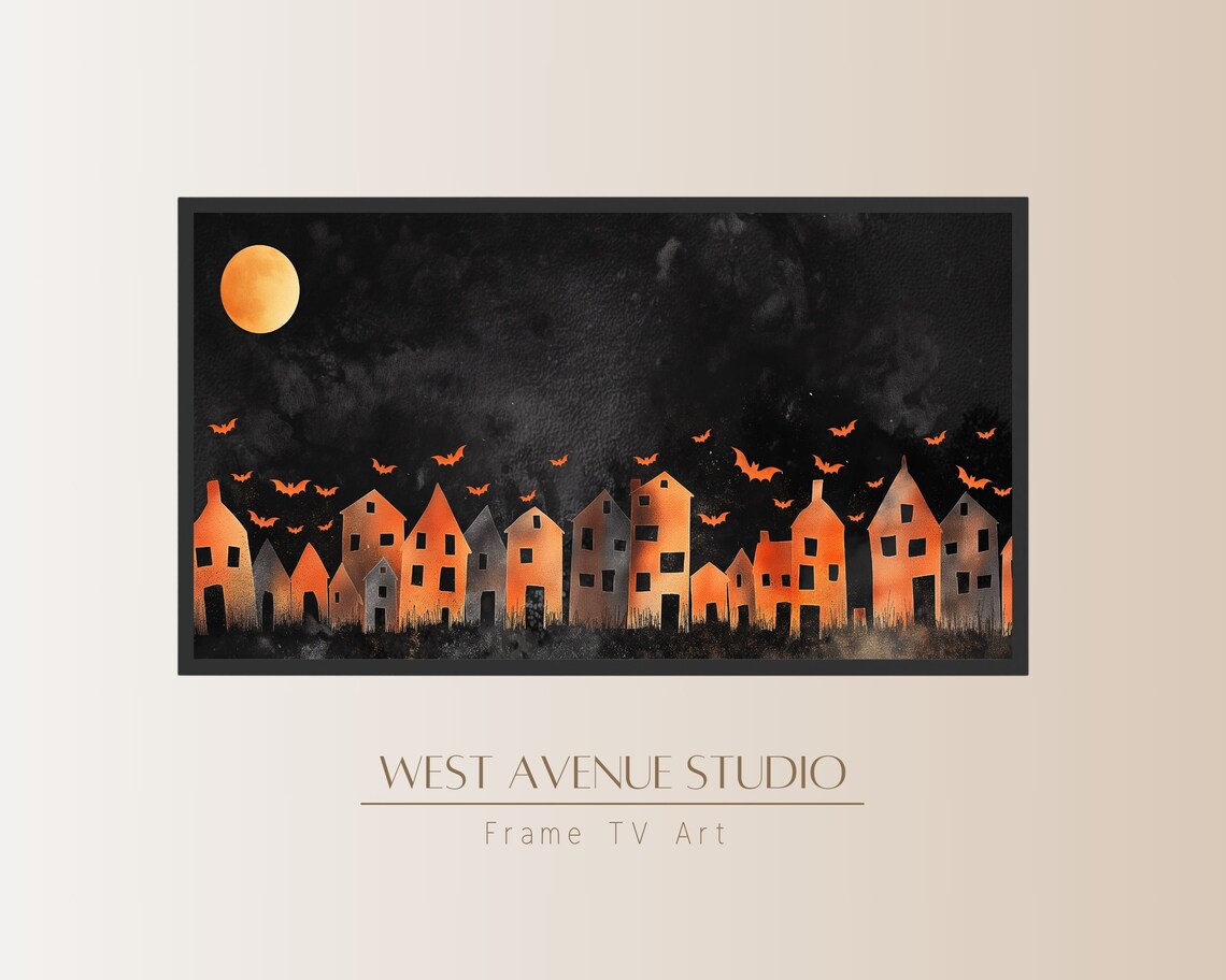 Orange Village Silhouette Full Moon Orange Bats Black Night Halloween Poster - Image 3