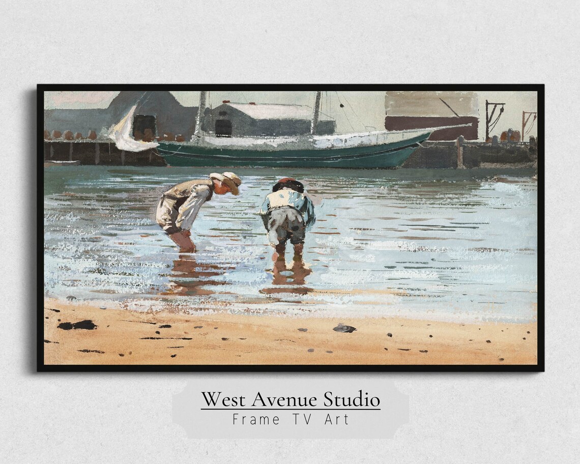 Vintage Boys Wading Harbor Fishing Boat Summer Beach Painting Poster - Image 5
