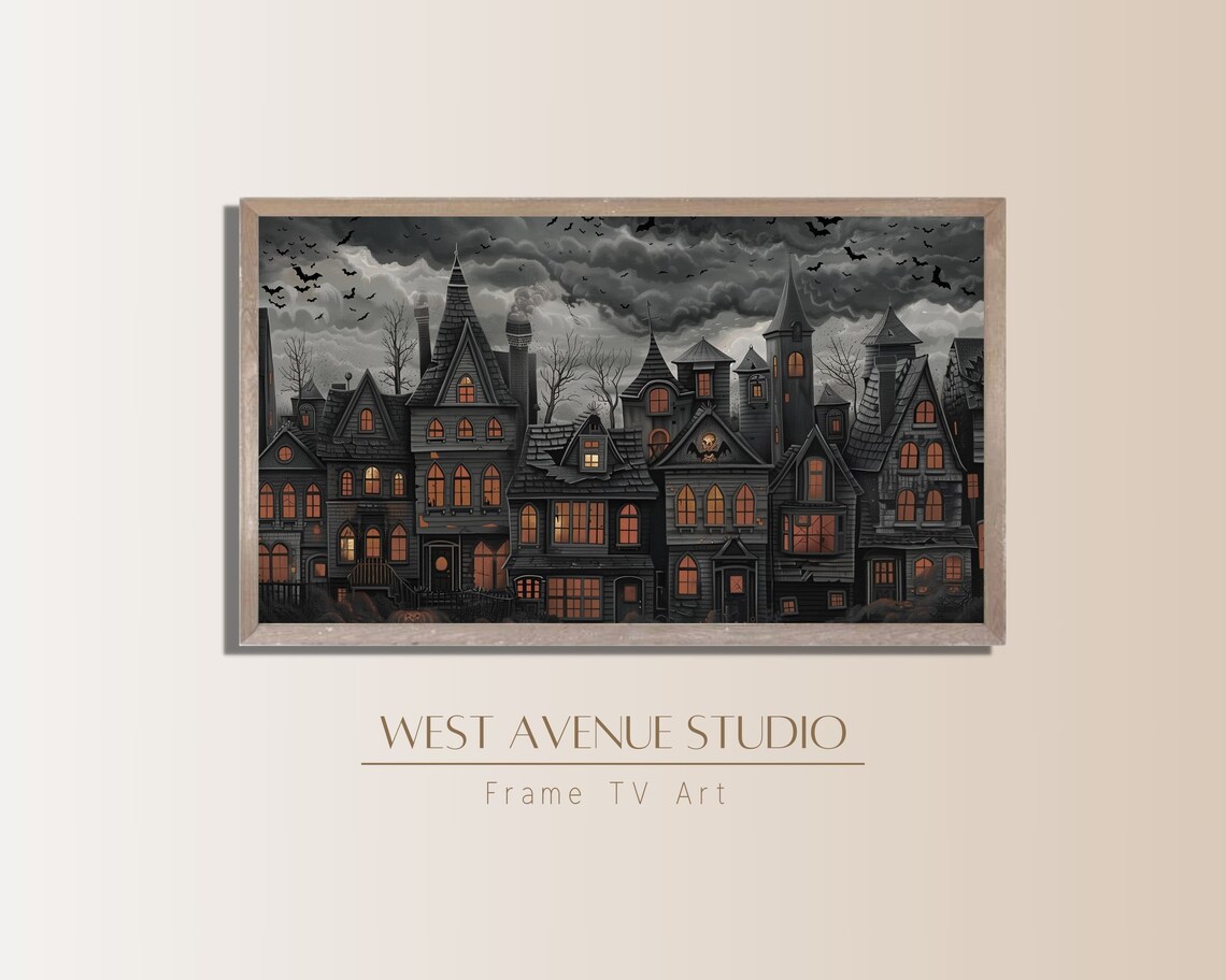 Gothic Halloween Village Stormy Gray Sky Glowing Windows Bats Night Poster - Image 4