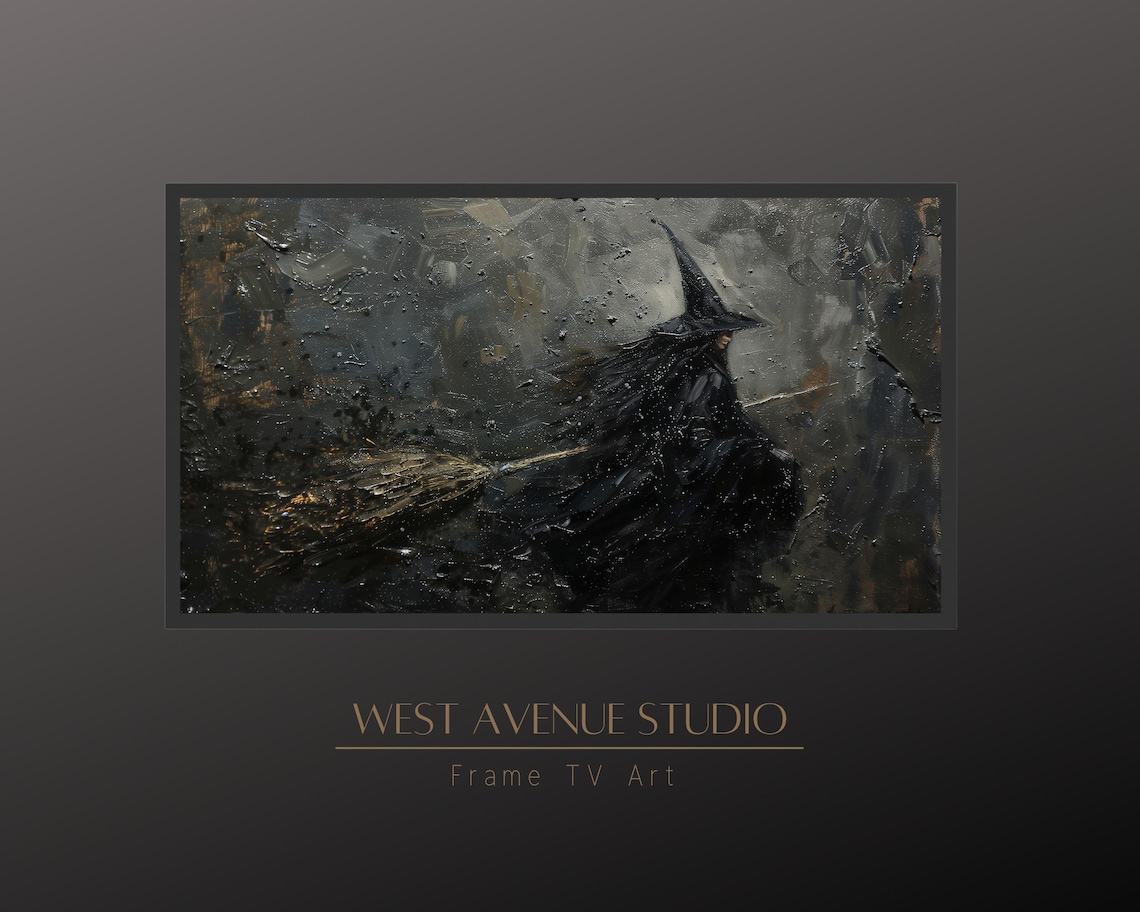 Witch Flying On Broomstick Over Dark Sea Moody Halloween Night Art Poster - Image 4