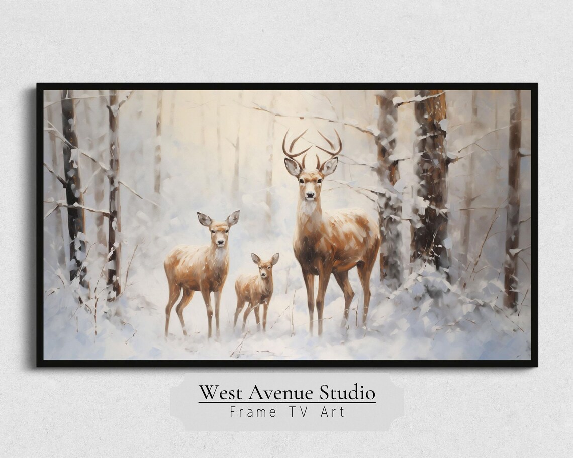 Winter Deer Family in Snowy Forest Buck Doe Fawn Christmas Wildlife Art Poster - Image 3