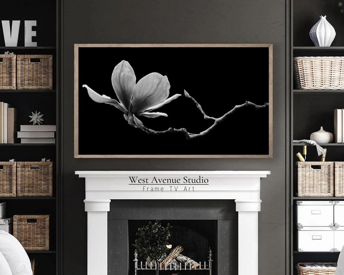 Black and White Magnolia Blossom Branch Moody Botanical Photo Poster - Image 3