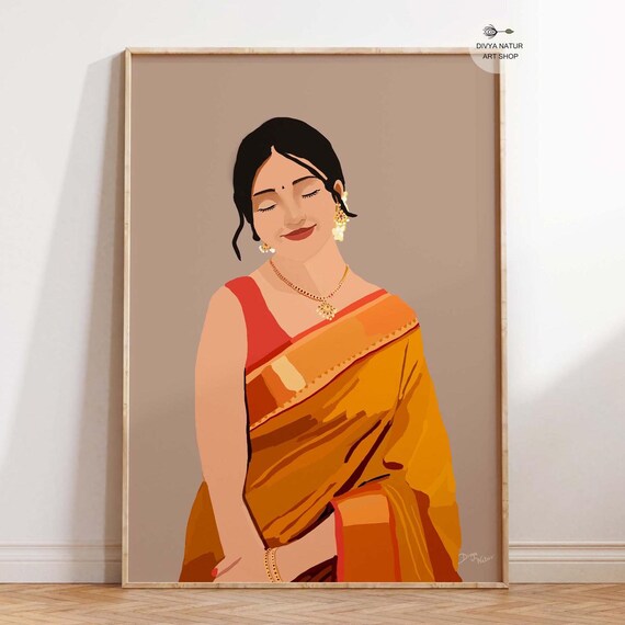 Woman In Golden Saree Serene Traditional Indian Beauty Art Print