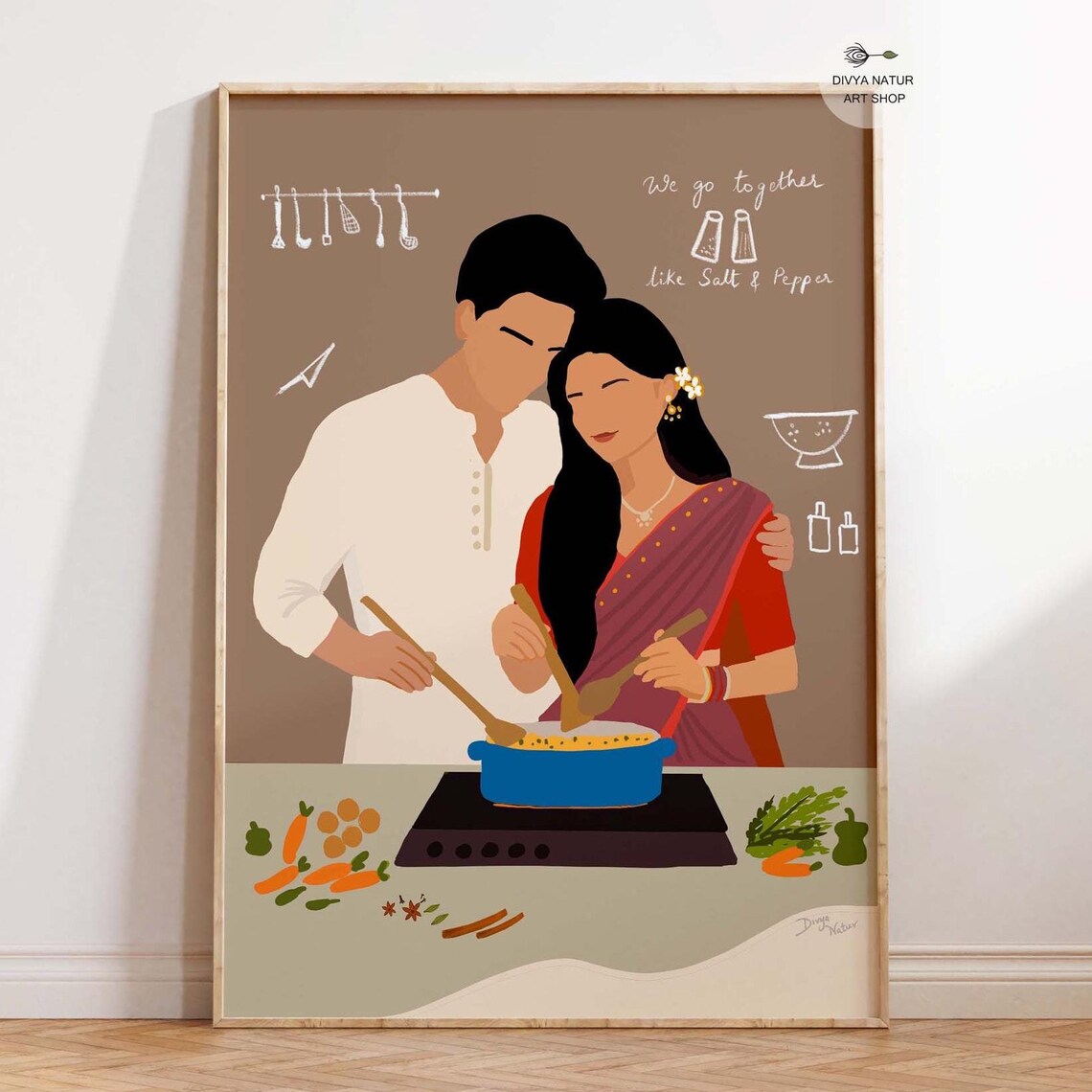 Couple Cooking Art Print, Romantic Kitchen Illustration