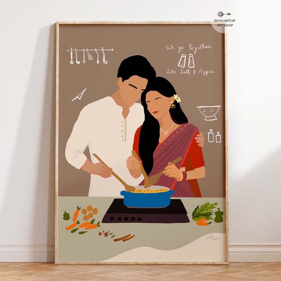 Couple Cooking Art Print, Romantic Kitchen Illustration