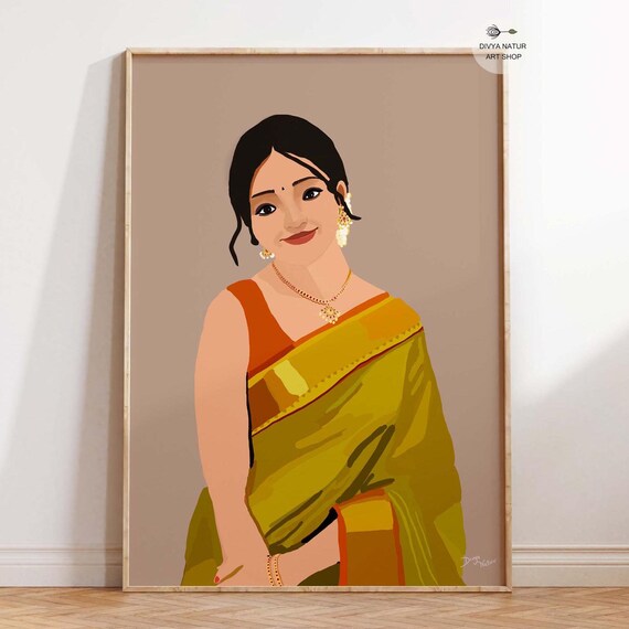South Indian Woman in Green Saree Modern Minimalist Art Print