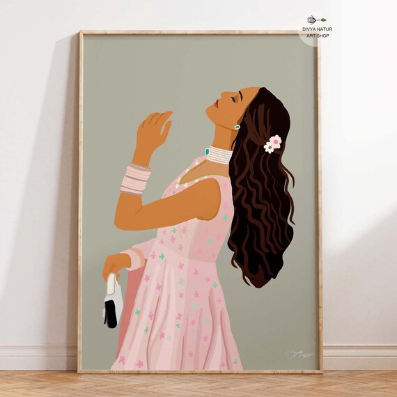 Modern Woman In Pink Floral Dress Dreamy Pose Elegant Portrait Wall Art