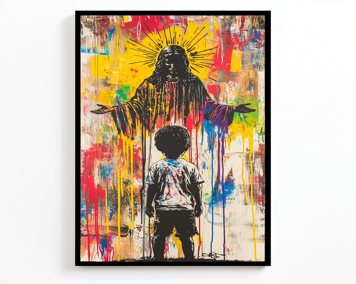 Jesus With Radiant Halo Small Child Red Yellow Drip Street Art Christian Poster - Image 2