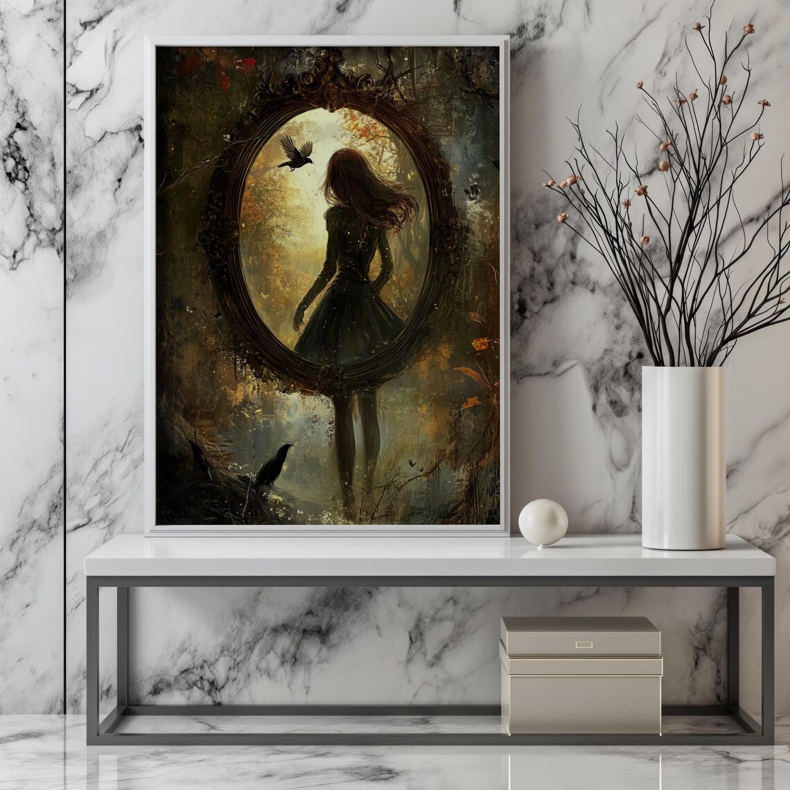 Mystical Mirror Portal Gothic Fantasy Woman Dark Forest Ravens Wall Art - Image 2
