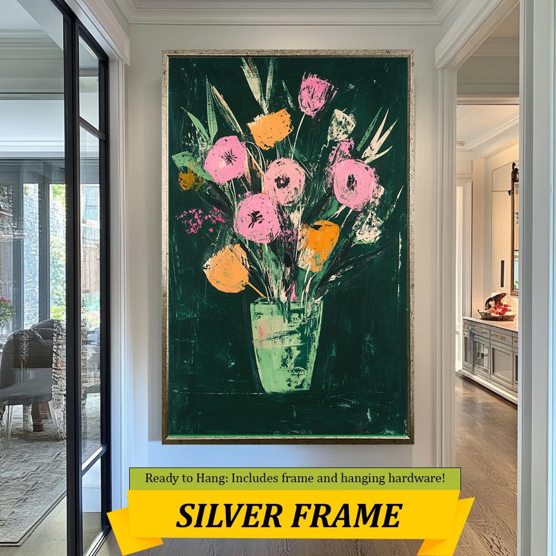 Vibrant Pink Yellow Flowers Green Vase Dark Botanical Wall Art Poster - Image 3