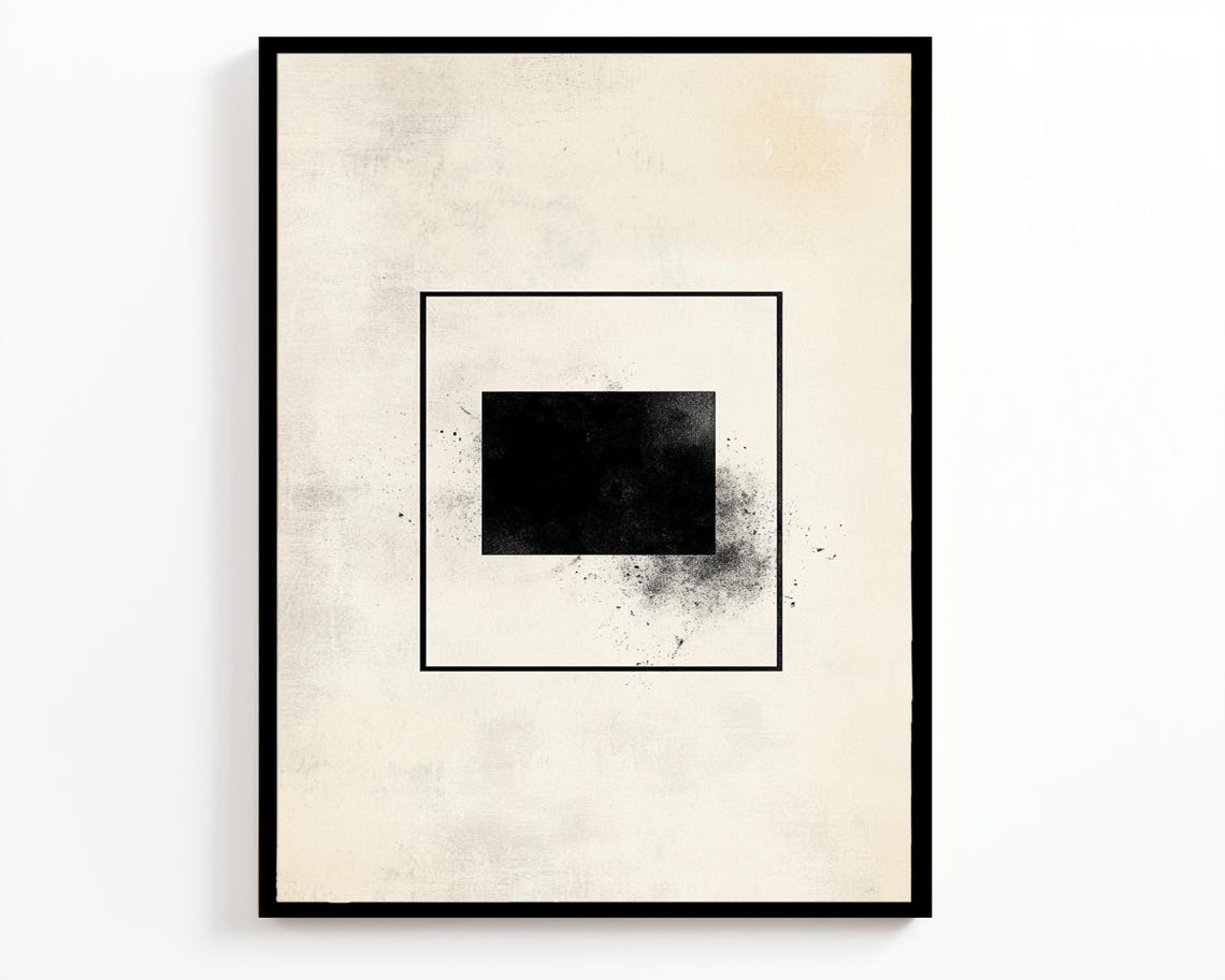 Minimalist Black Square Geometric Ink Splatter Cream Abstract Wall Art - Image 2