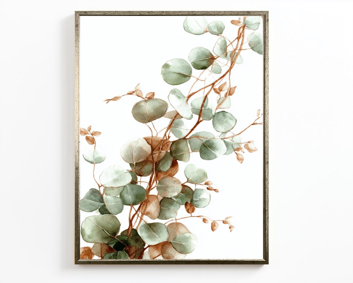 Eucalyptus Watercolor Botanical Sage Green Copper Leaf Painting Poster - Image 2