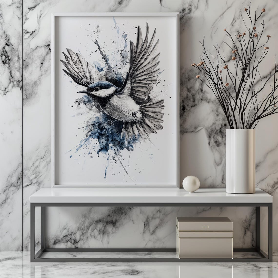 Flying Chickadee Watercolor Splash Black White Blue Bird Wall Art - Image 3