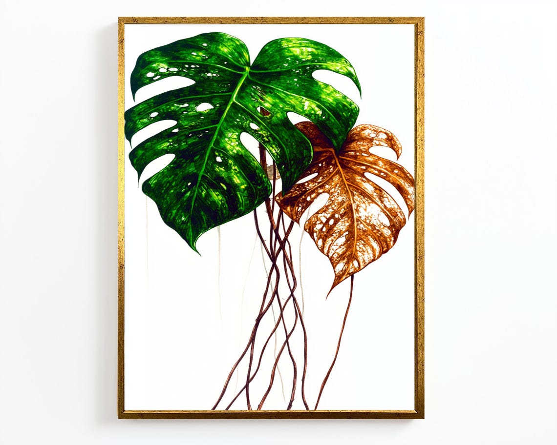 Monstera Leaf Botanical Watercolor Green Copper Tropical Plant Poster - Image 2