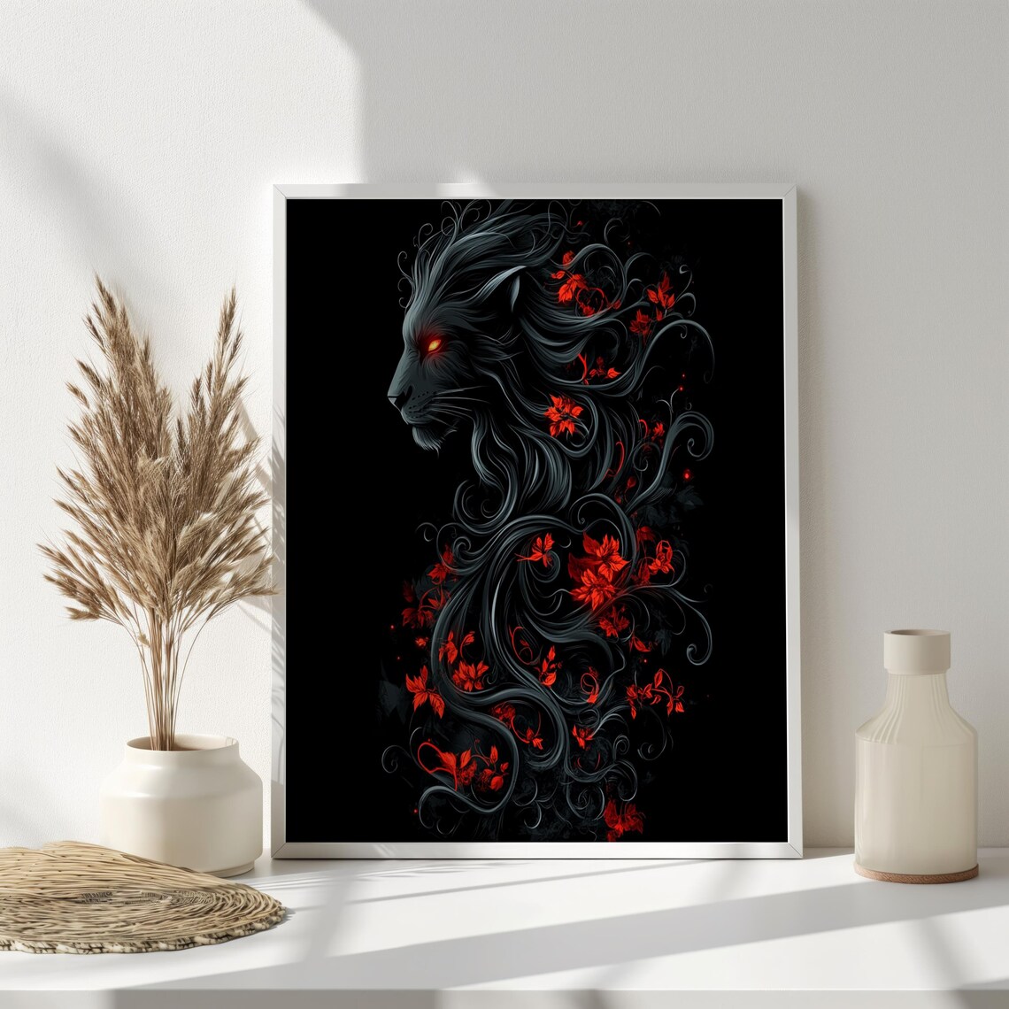 Black Lion Red Flowers Dark Fantasy Animal Oil Painting Gothic Wall Art - Image 3
